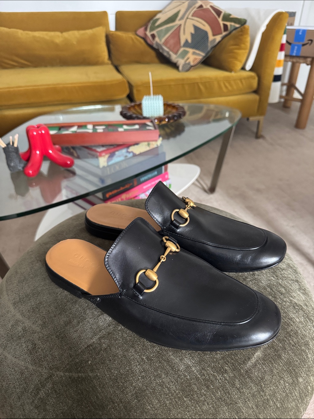 Gucci Black Leather Horsebit Backless Loafers With Gold Hardware